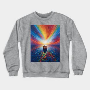 Lone Man on Boat under the Rainbow Sky Mosaic Crewneck Sweatshirt